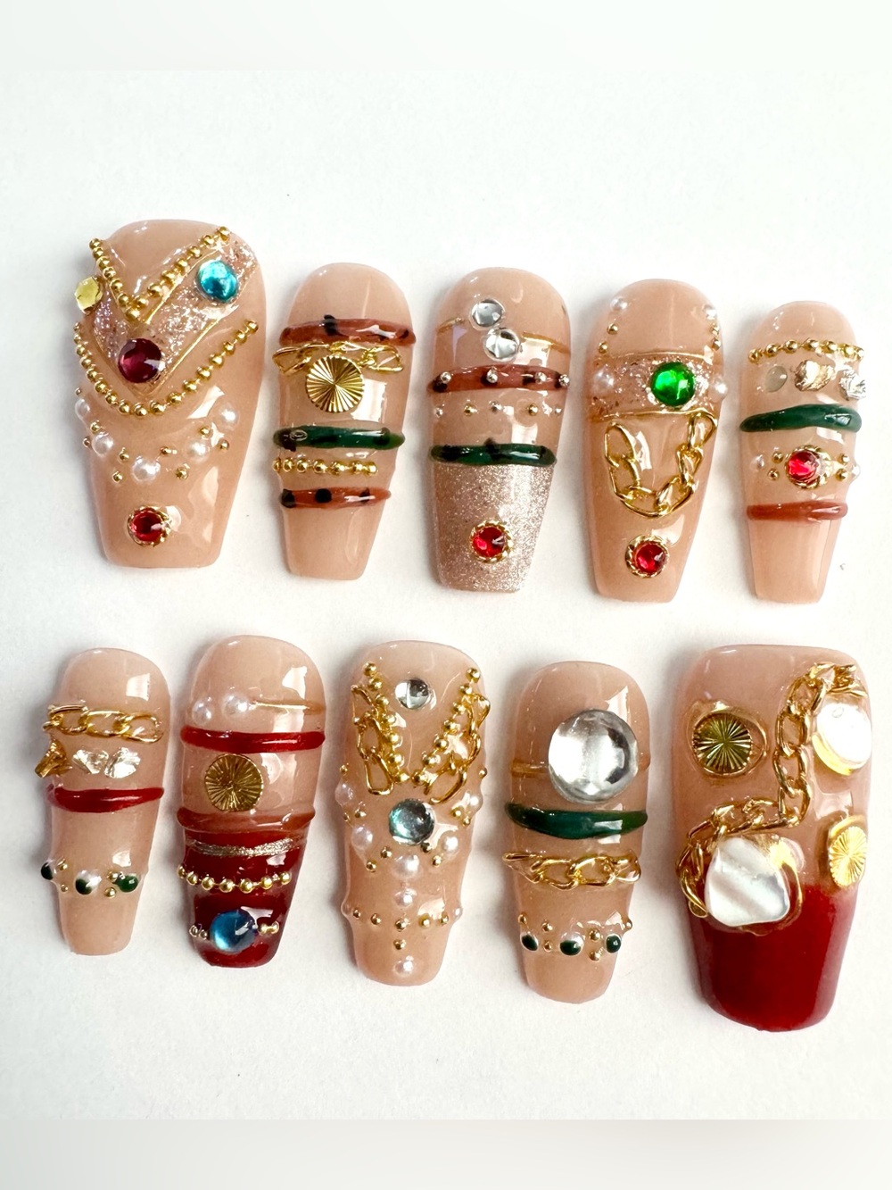 Stunning Gem & Bangle Press-On Nails with Red and Gold Tips